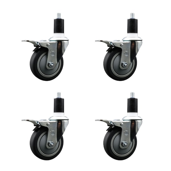 4'' Thermoplastic Rubber Swivel 1-1/2'' Expanding Stem Caster Set Total Lock Brake, 4PK